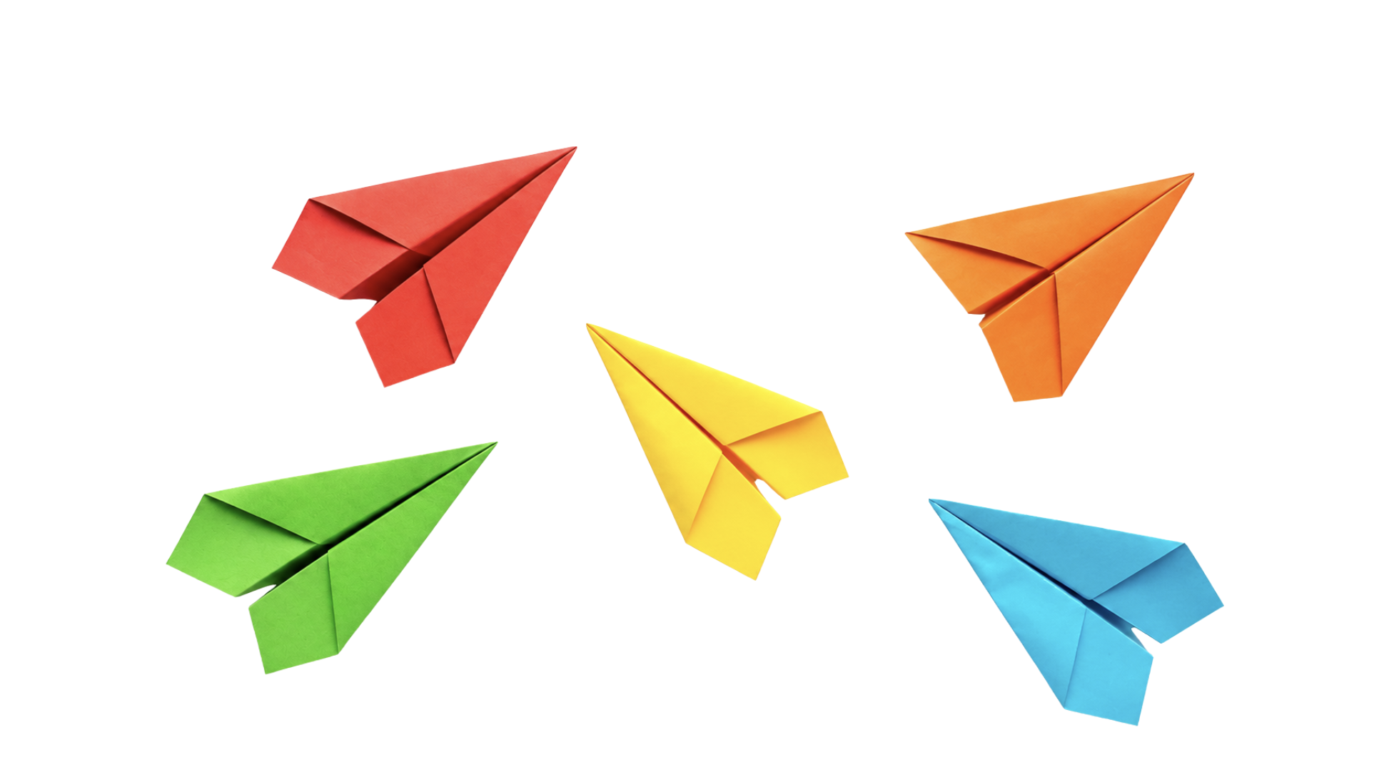 Five colorful paper planes tracing a forward path
